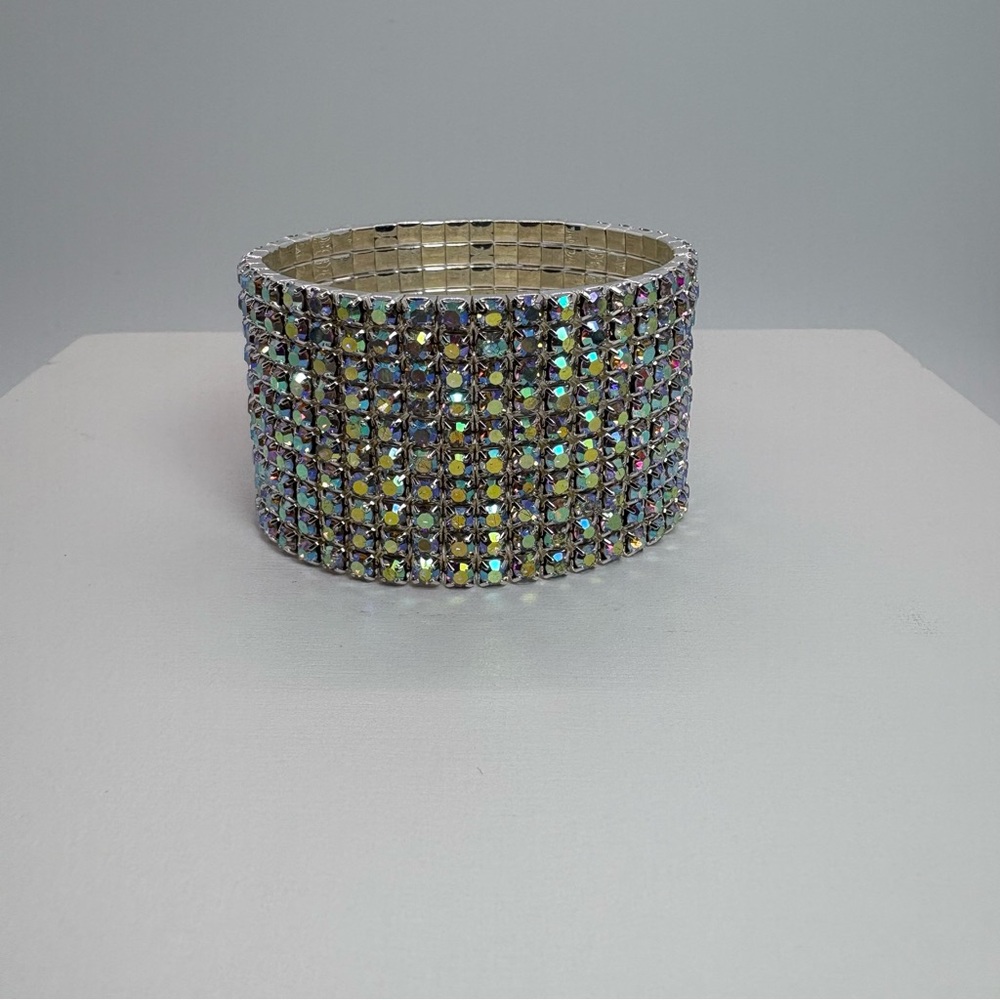 10 Row AB Crystal Stretch Bracelet in Silver Tone, Brand New